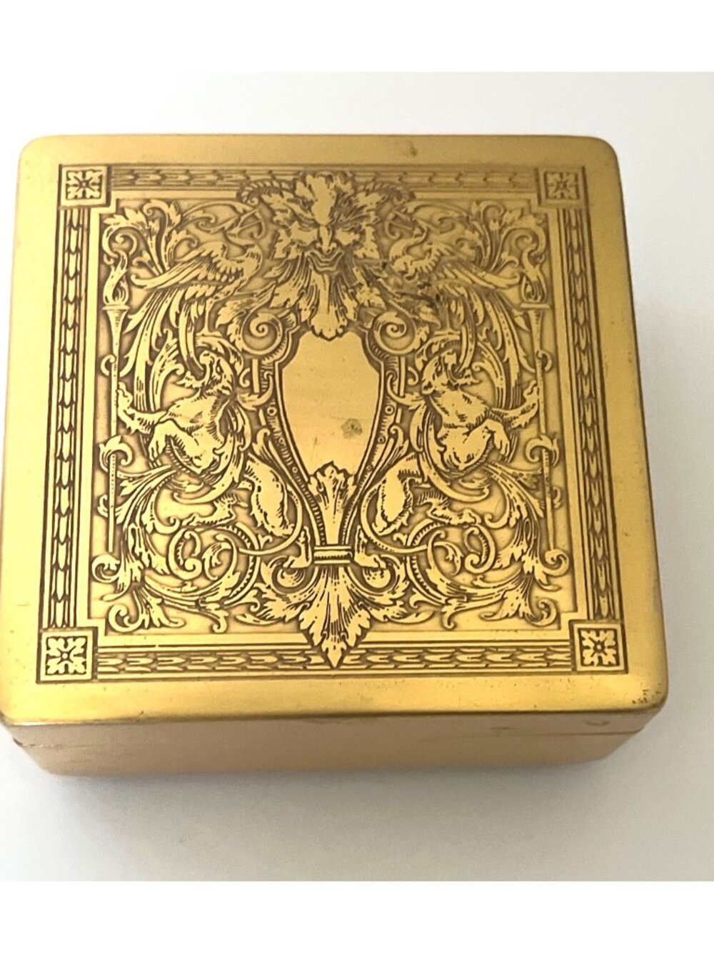 Vintage Farber Brothers Brass & Wood Art Deco Etched Design Trinket Box